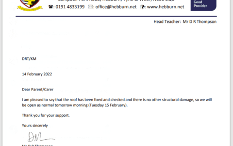 Letter to Parents Roof Fixed 14.2.22