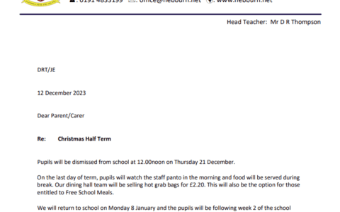 Letter to Parents 12.12.23 - Christmas Half Term